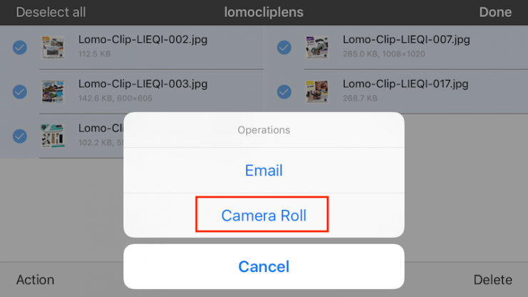 Lomo Clip Lens iDrive for ios LM 201 แล้วกดตรง “Camera Roll”